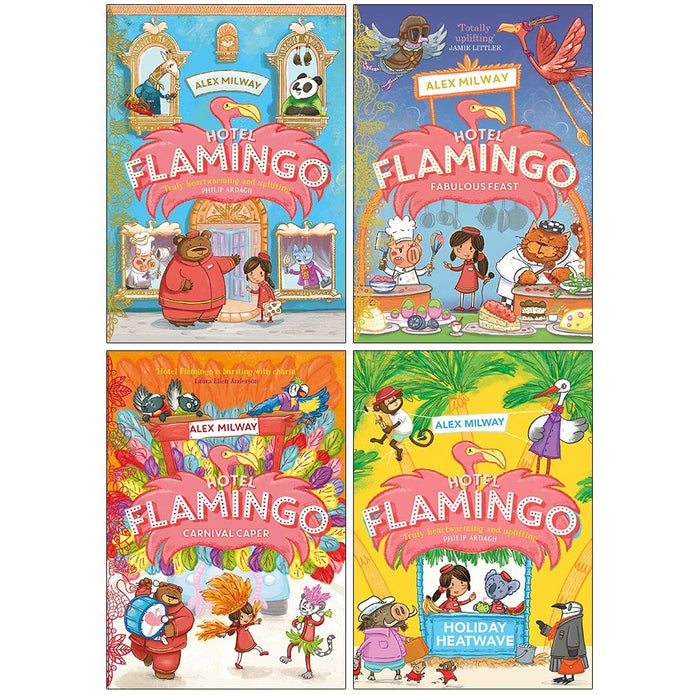 Hotel Flamingo series book covers by Alex Milway - Fabulous Feast, Carnival Caper, Holiday Heatwave paperback