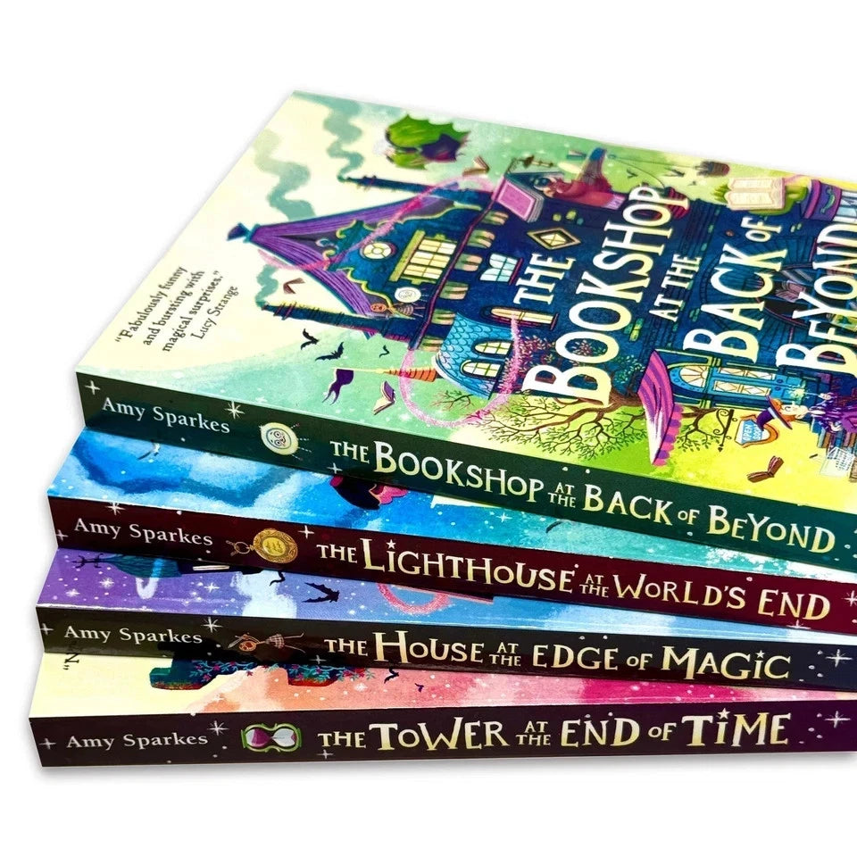 The Tower at the End of Time and The Bookshop at the Back of Beyond paperback covers by Amy Sparkes