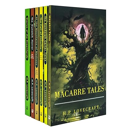 H. P Lovecraft 6 Books Collection Set showing all six paperback spines including The Dunwich Horror and The Randolph Carter Tales