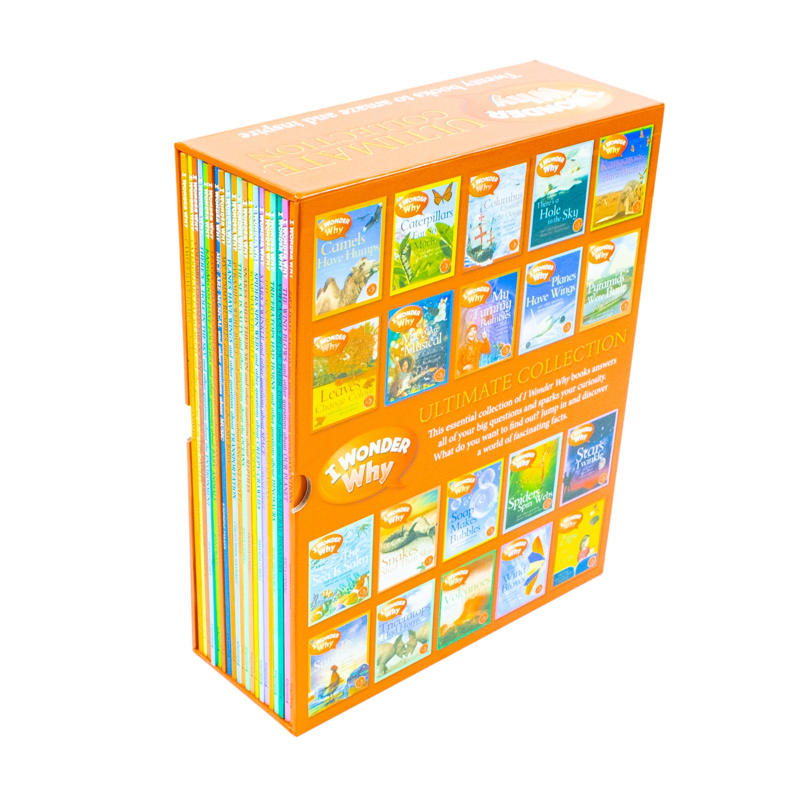 I Wonder Why Ultimate Collection paperback books spread out showing titles about ancient Egypt, science and animals