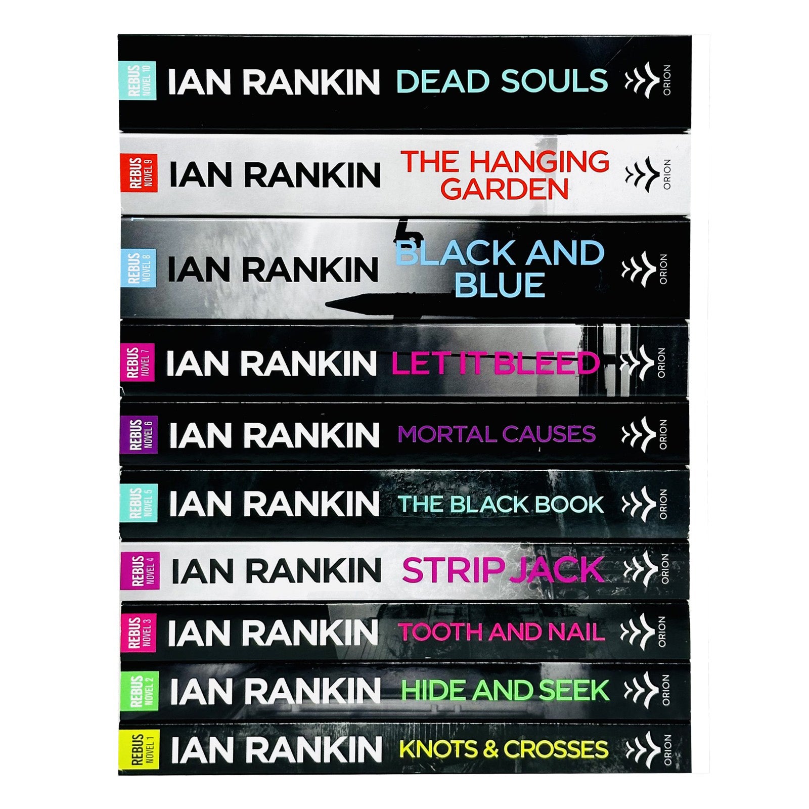 Ian Rankin Inspector Rebus 10 book paperback set showing spines - Strip Jack, The Black Book, Mortal Causes and more