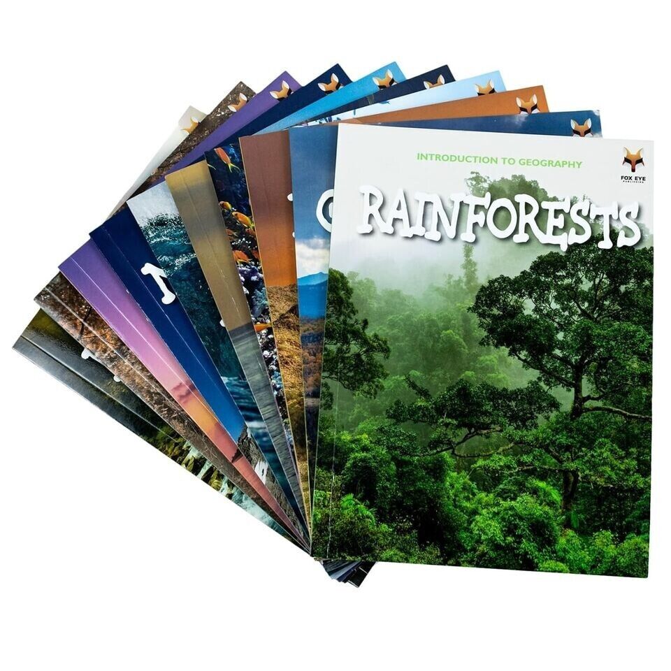 Spines of all 10 books in the Introduction to Geography for Beginners paperback collection set