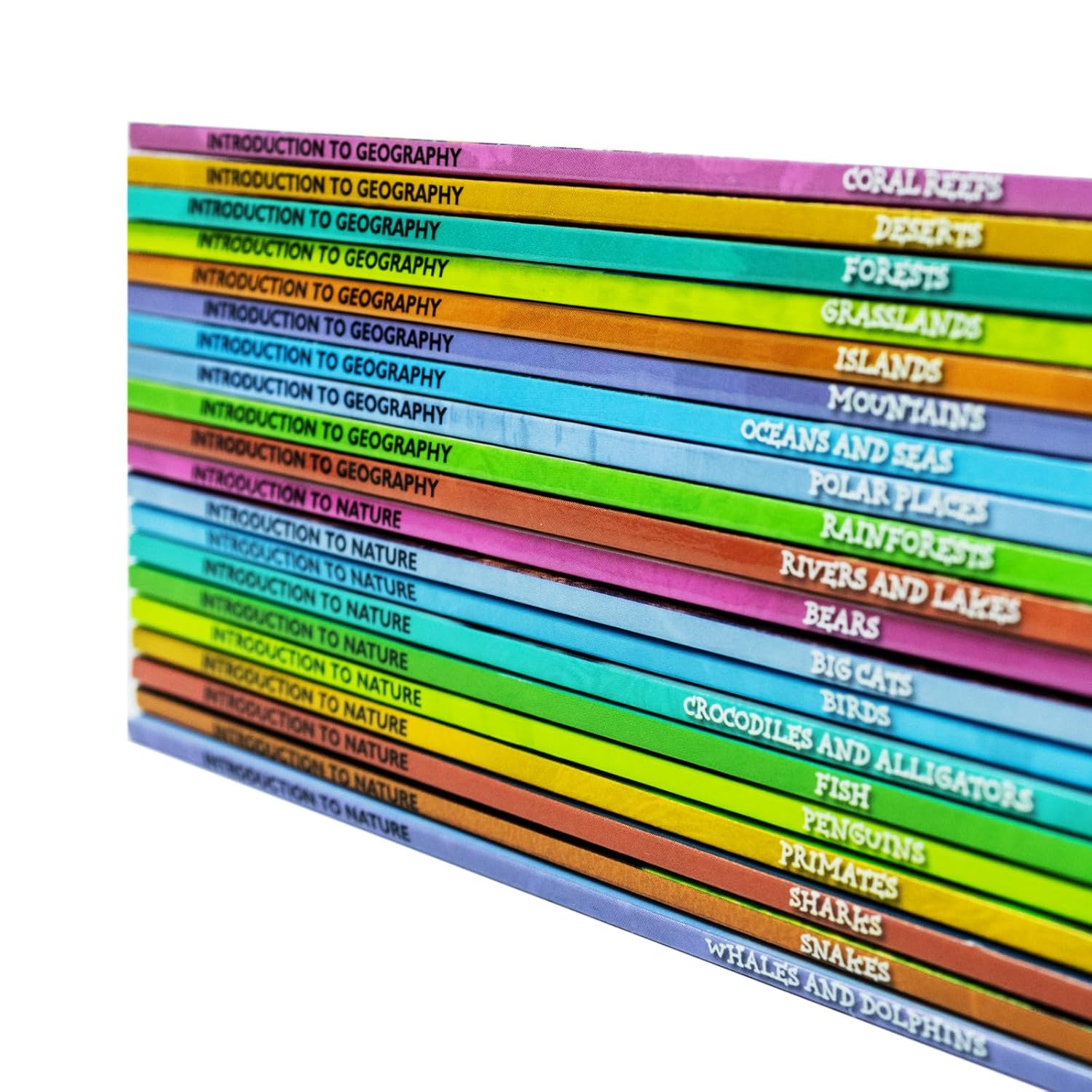 Introduction to Nature and Geography by Jasmine Brooke - Ages 7-11 paperback set spines showing all 20 titles
