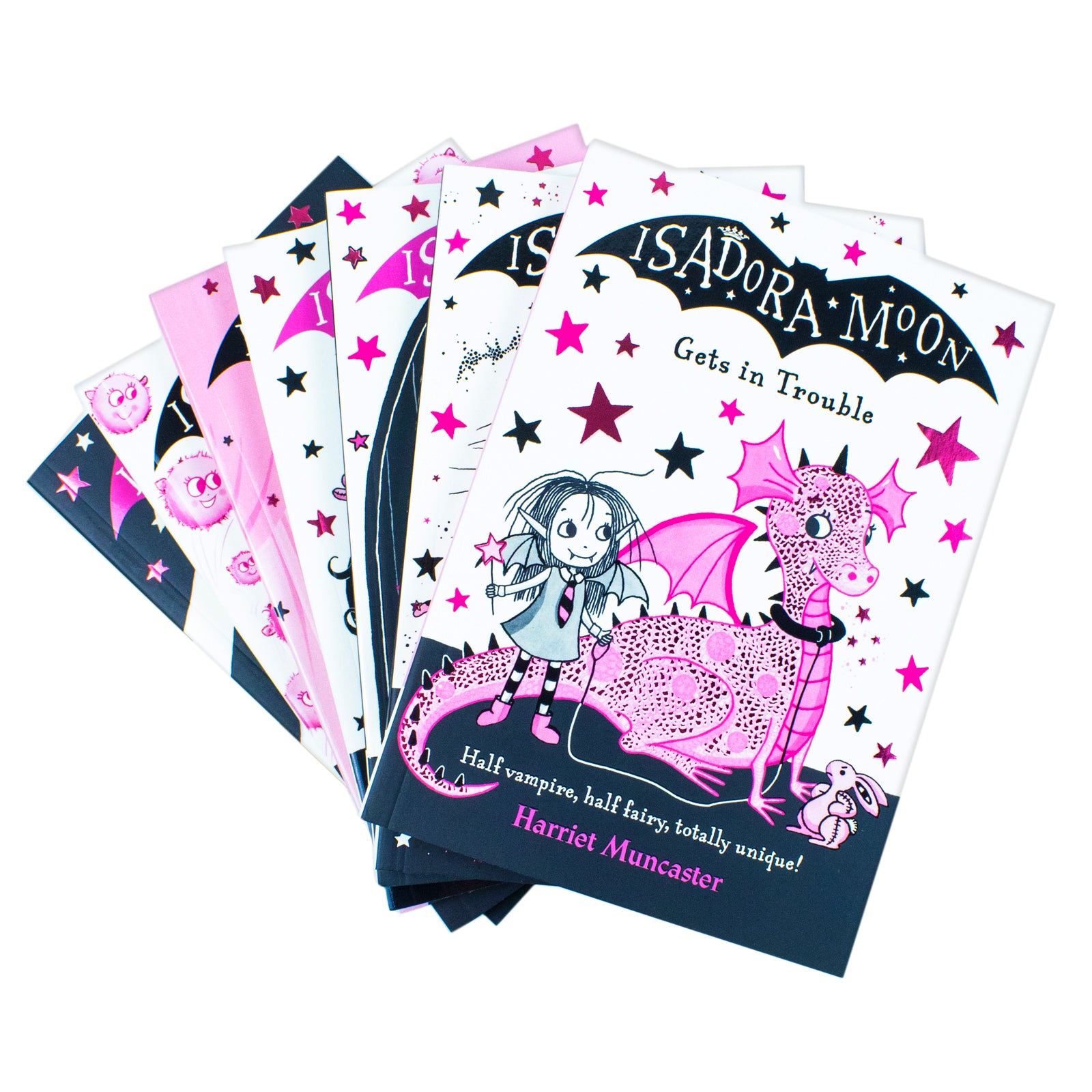 Isadora Moon paperback book set covers including Goes Camping and Goes on a School Trip by Harriet Muncaster