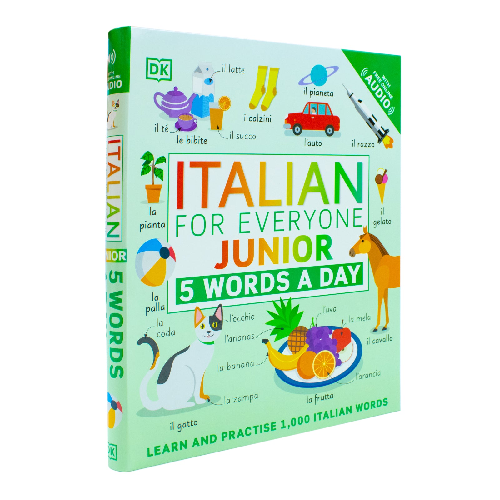 Italian for Everyone Junior 5 Words a Day by DK - Flexibound Italian workbook for children ages 6-9, page spread showing illustrated vocabulary scene