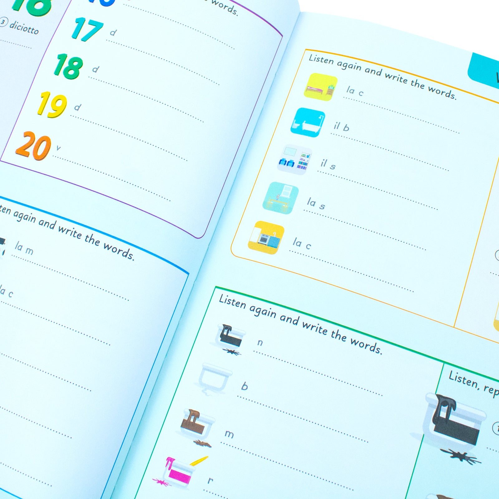 Italian for Everyone Junior 5 Words a Day by DK - back cover of Flexibound Italian vocabulary workbook for children