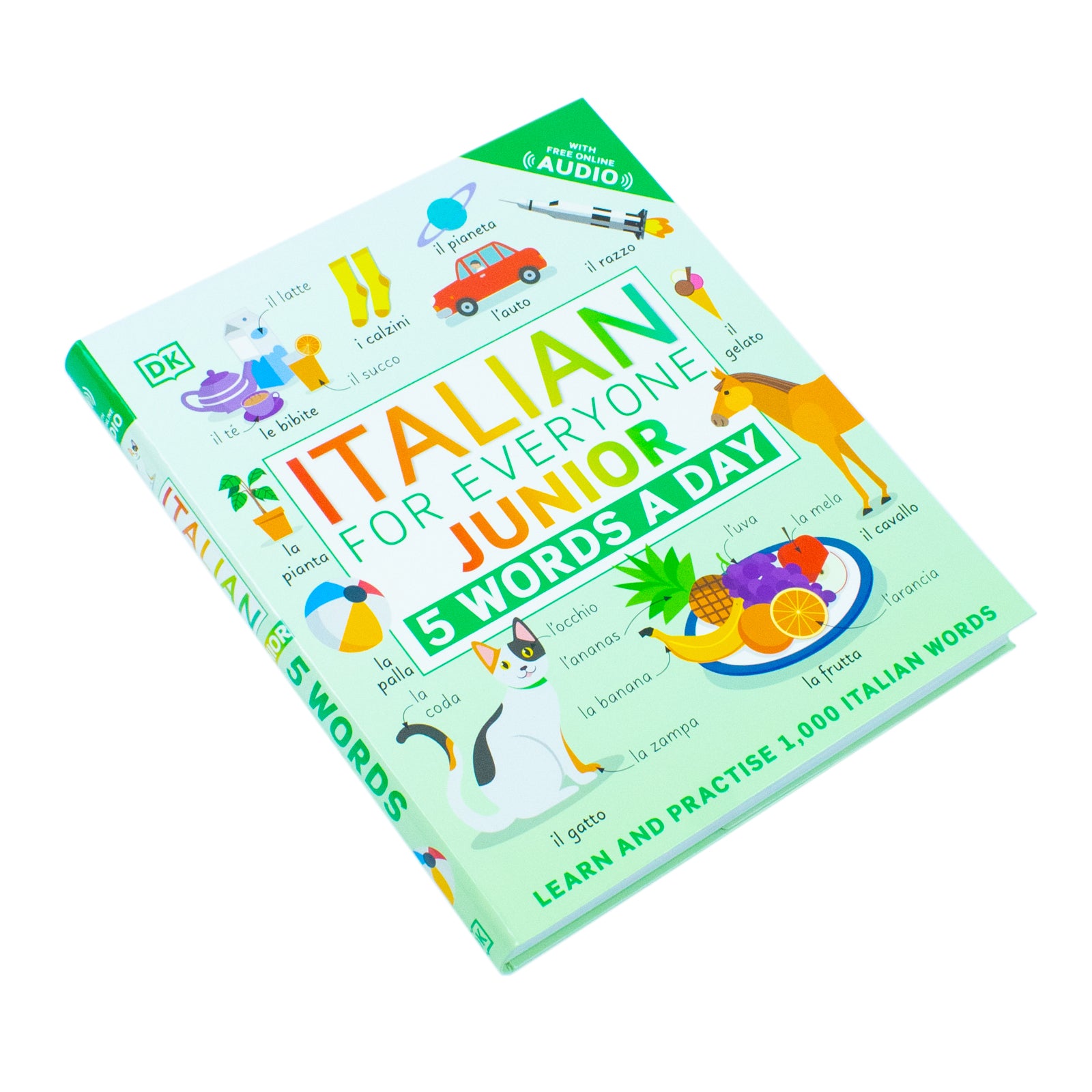 Italian for Everyone Junior 5 Words a Day by DK - Flexibound front cover, Italian vocabulary workbook for kids ages 6-9