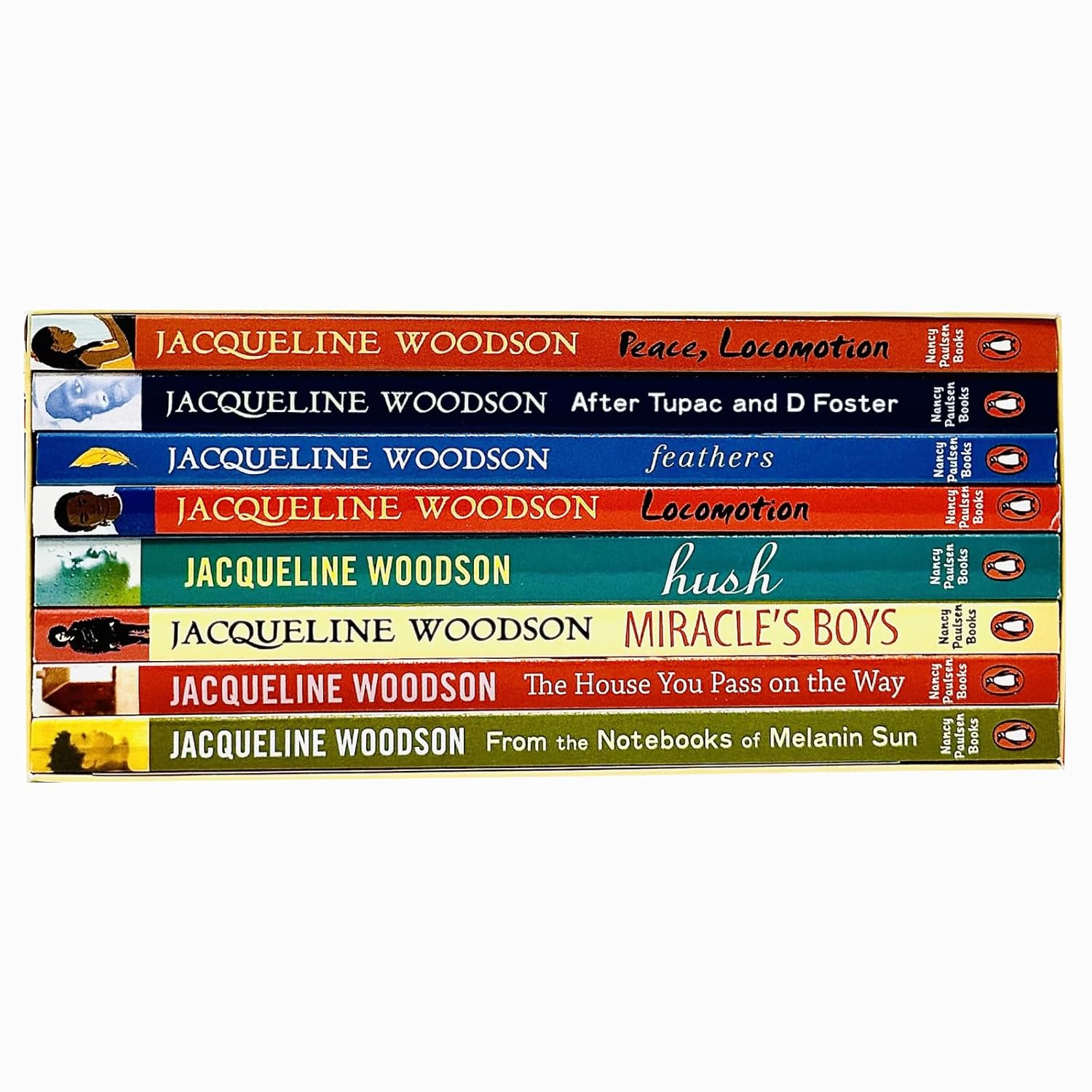 Angled view of The Jacqueline Woodson Collection 8 Books Box Set paperback edition, Ages 9-12