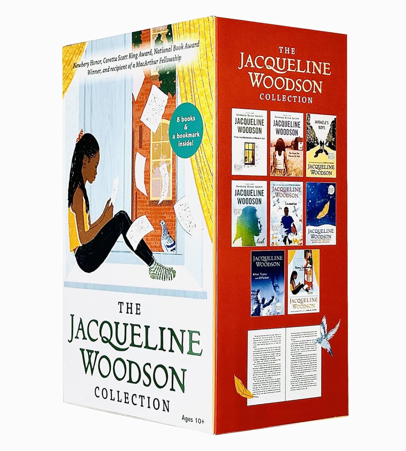 Stack of eight Jacqueline Woodson paperback novels included in the boxed set - award-winning YA and tween fiction