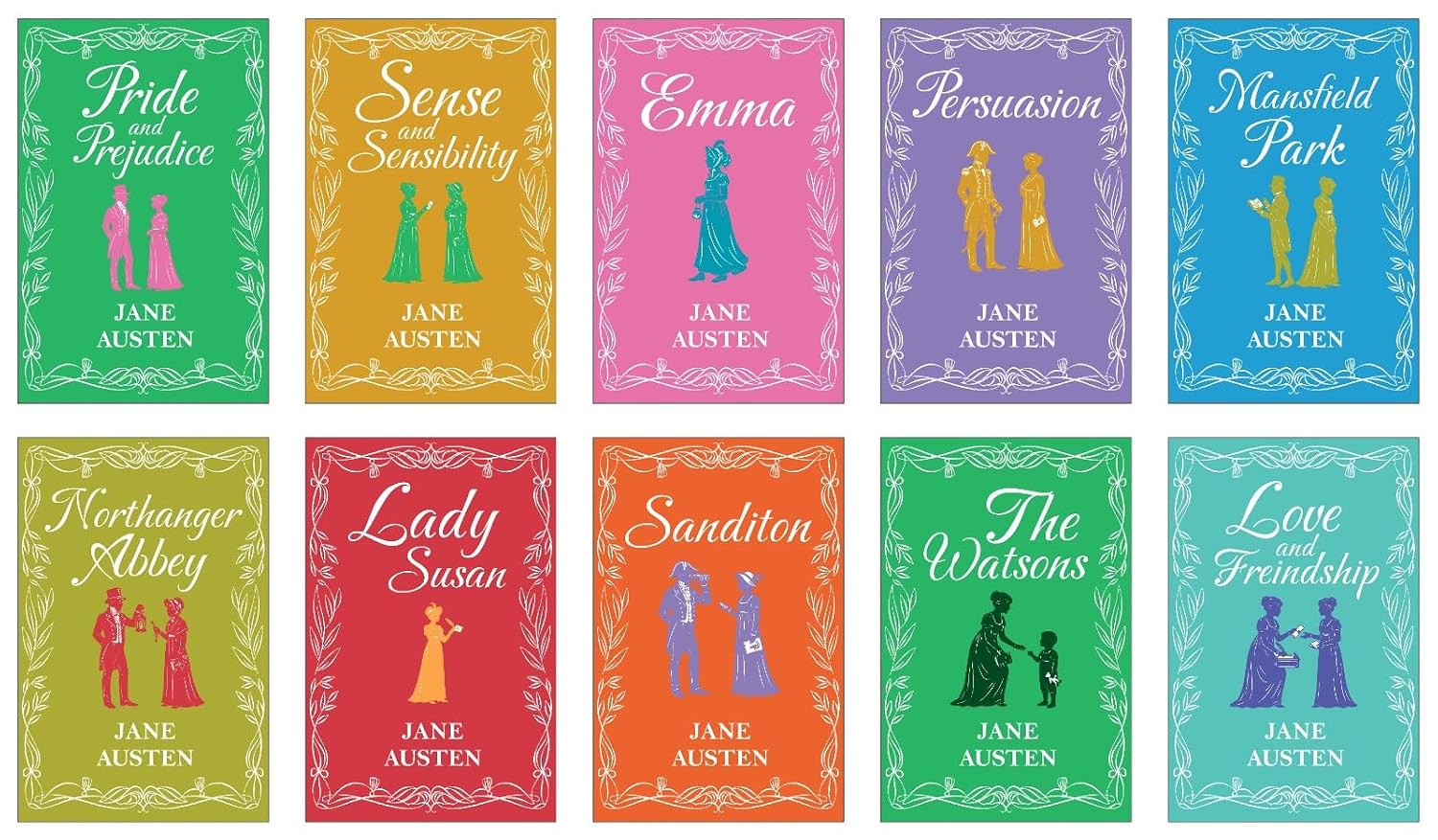 Jane Austen 10 book paperback set displayed together on a shelf