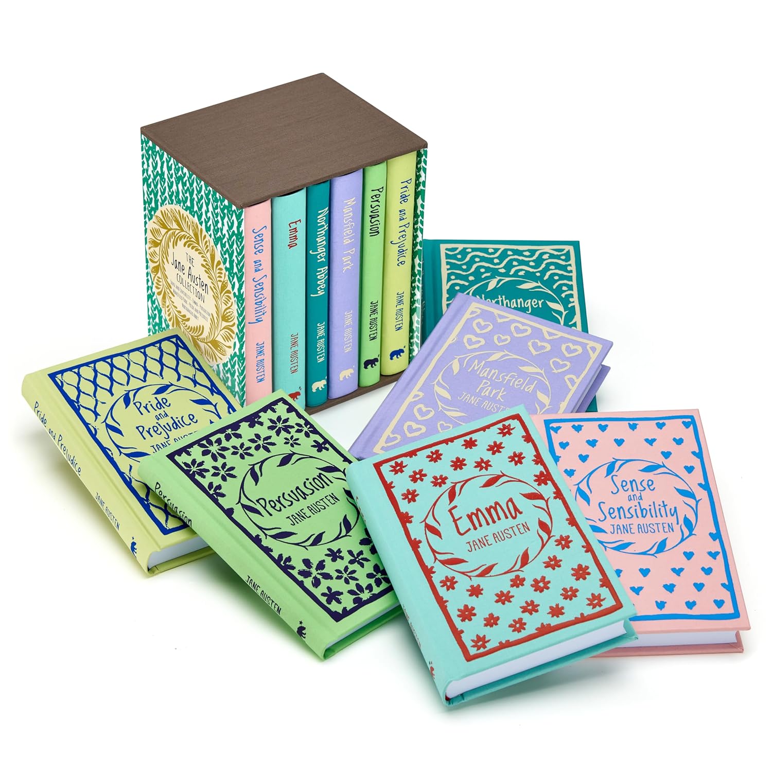 Close-up of Jane Austen Collection hardback clothbound covers in Arcturus Collector's Classics box set