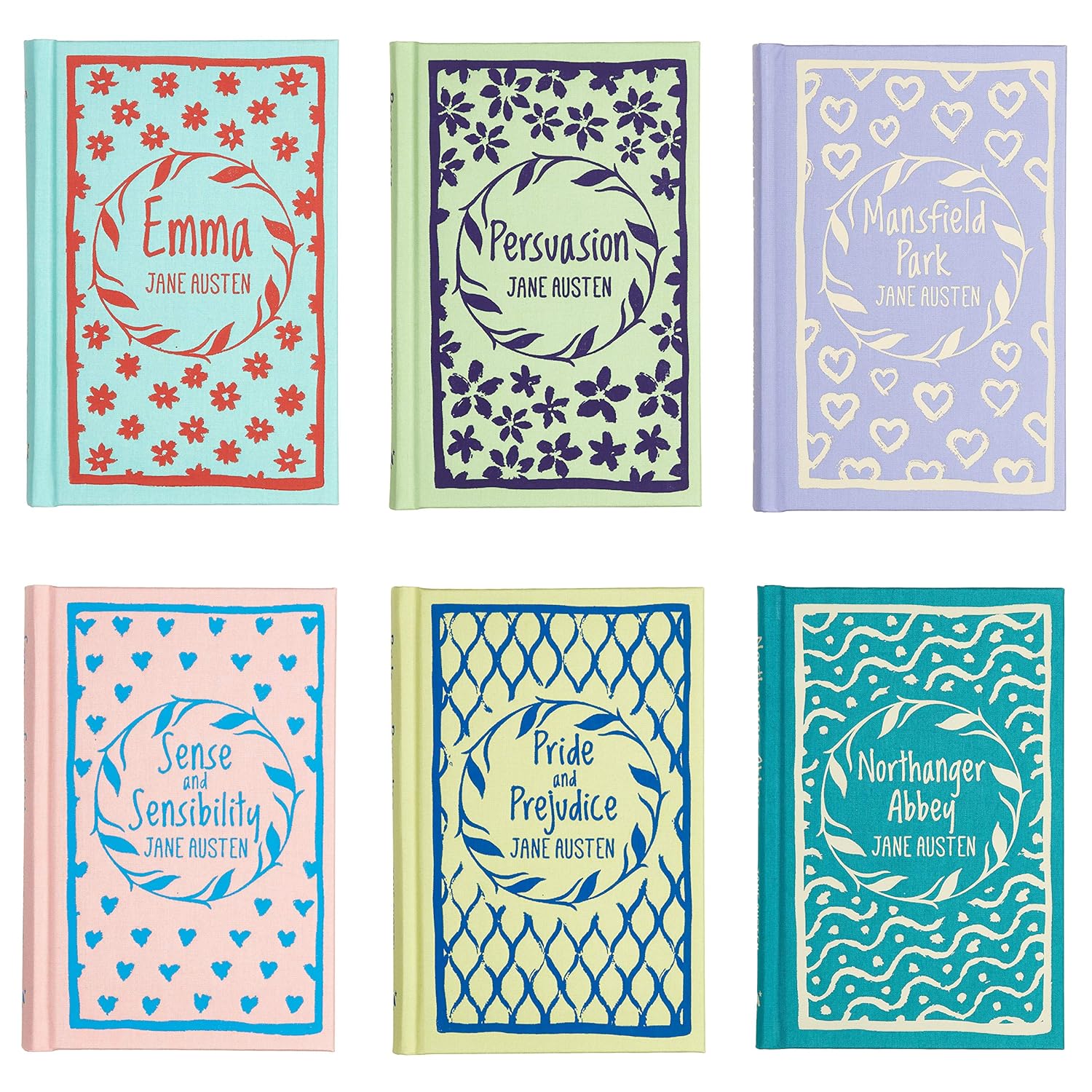 The Jane Austen Collection box set displayed showing spine design of all six hardback novels