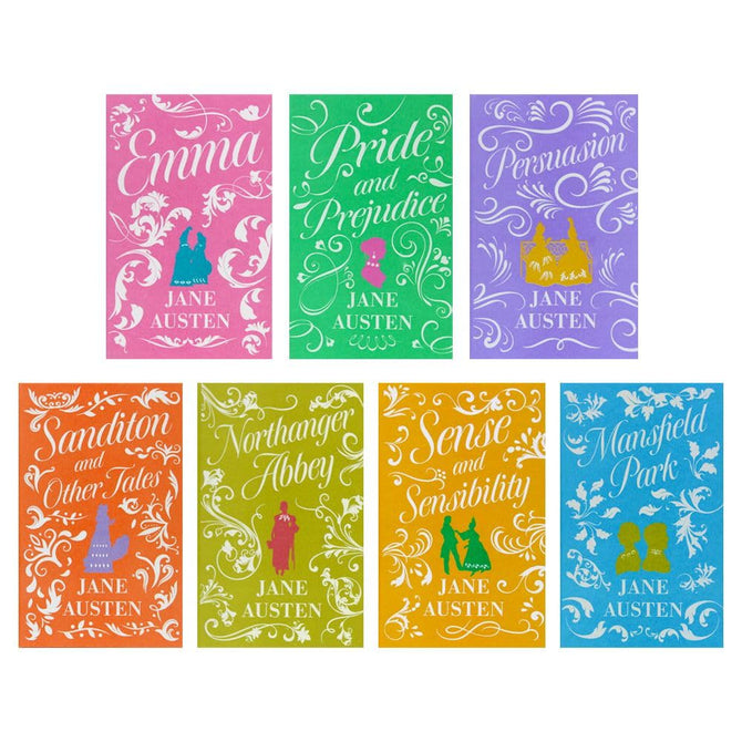 Hardback spines of Jane Austen 7 book collection set including Sense and Sensibility, Mansfield Park and Northanger Abbey