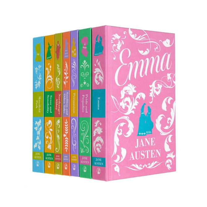Jane Austen classic fiction hardback box set close up showing book covers and titles