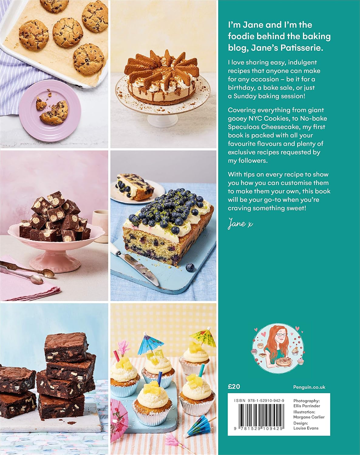 Jane's Patisserie by Jane Dunn hardback cookbook back cover showing cake and bake recipes