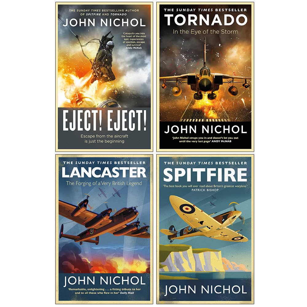 John Nichol military aviation book collection - Eject! Eject!, Tornado, Lancaster, Spitfire paperback covers