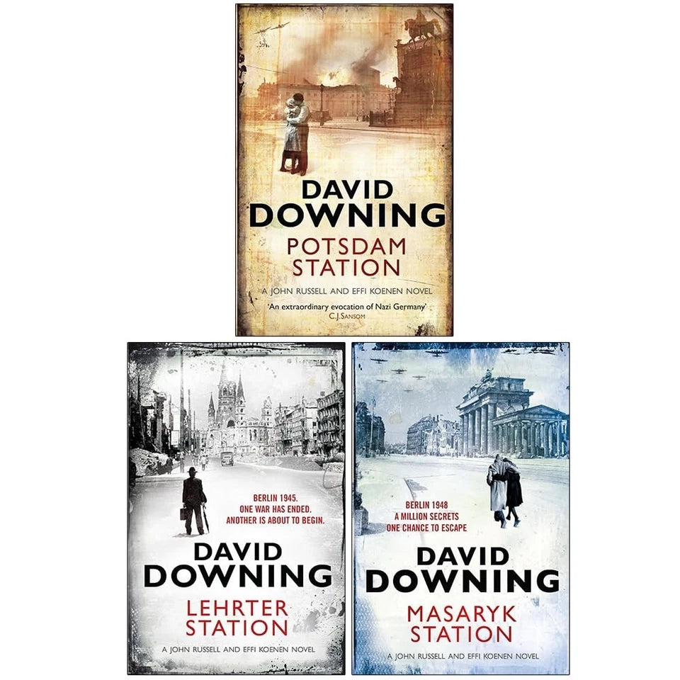 Close up of John Russell WWII Spy Thrillers paperback books by David Downing, Old Street Publishing edition