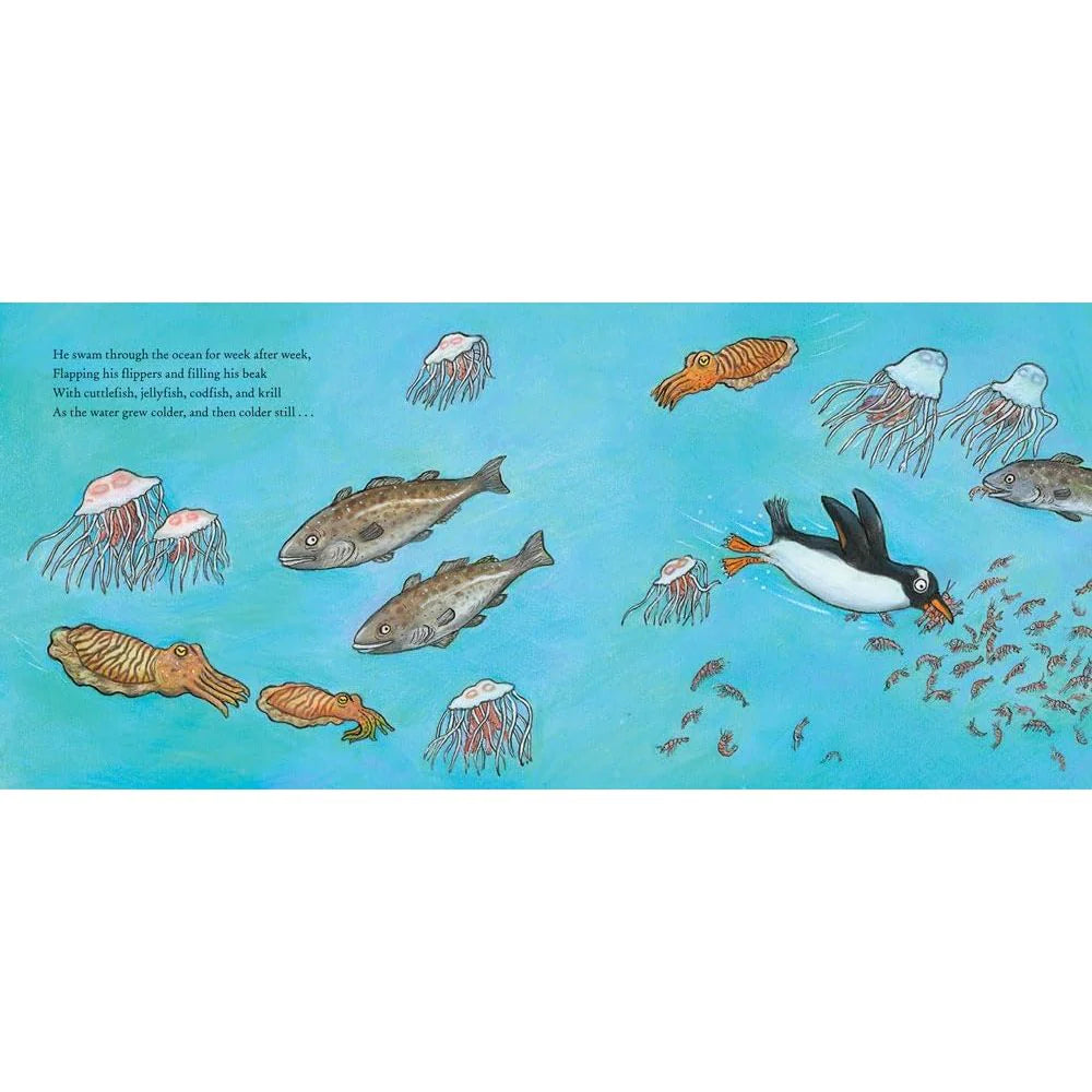 Jonty Gentoo Antarctica adventure page spread illustration, picture book for ages 3-6