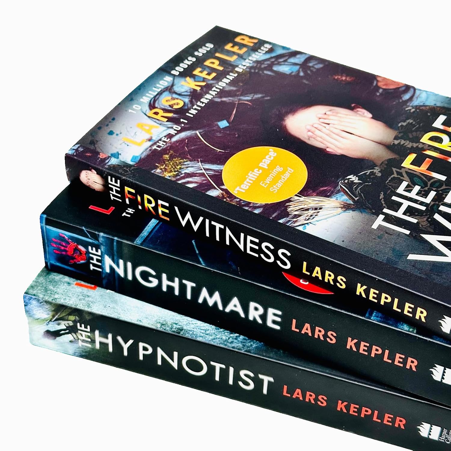 Joona Linna Thriller Collection paperback set by Lars Kepler - cover artwork for The Hypnotist, The Nightmare and The Fire Witness