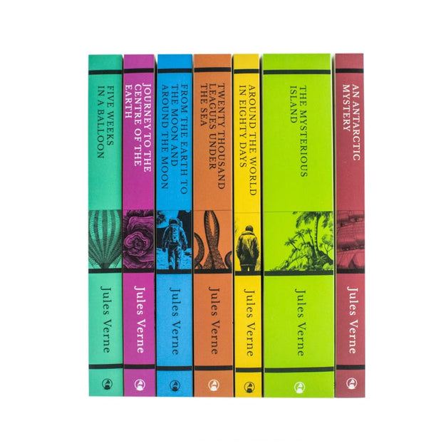 Close-up of the Jules Verne 7 Books Collection Set paperback covers by Jules Verne