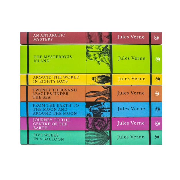 Jules Verne 7 Books Collection Set paperback books stacked showing classic adventure titles