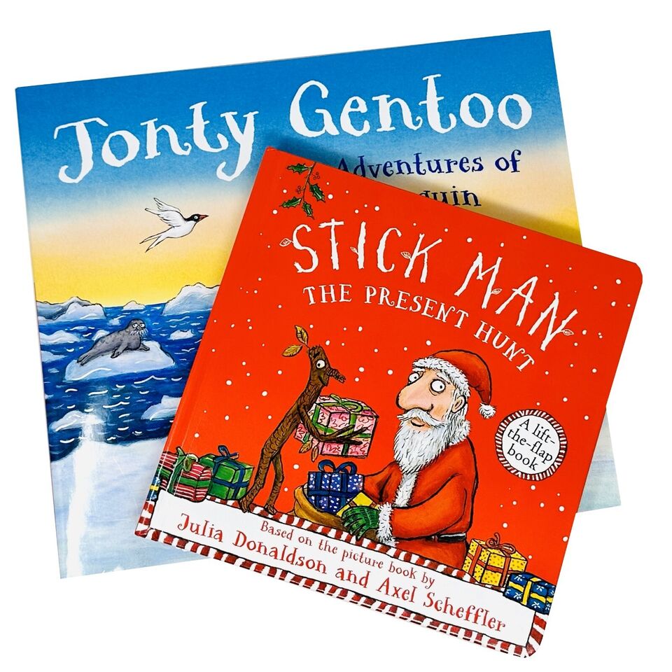 Front covers of Stick Man: The Present Hunt lift-the-flap board book and Jonty Gentoo: The Adventures of a Penguin hardback