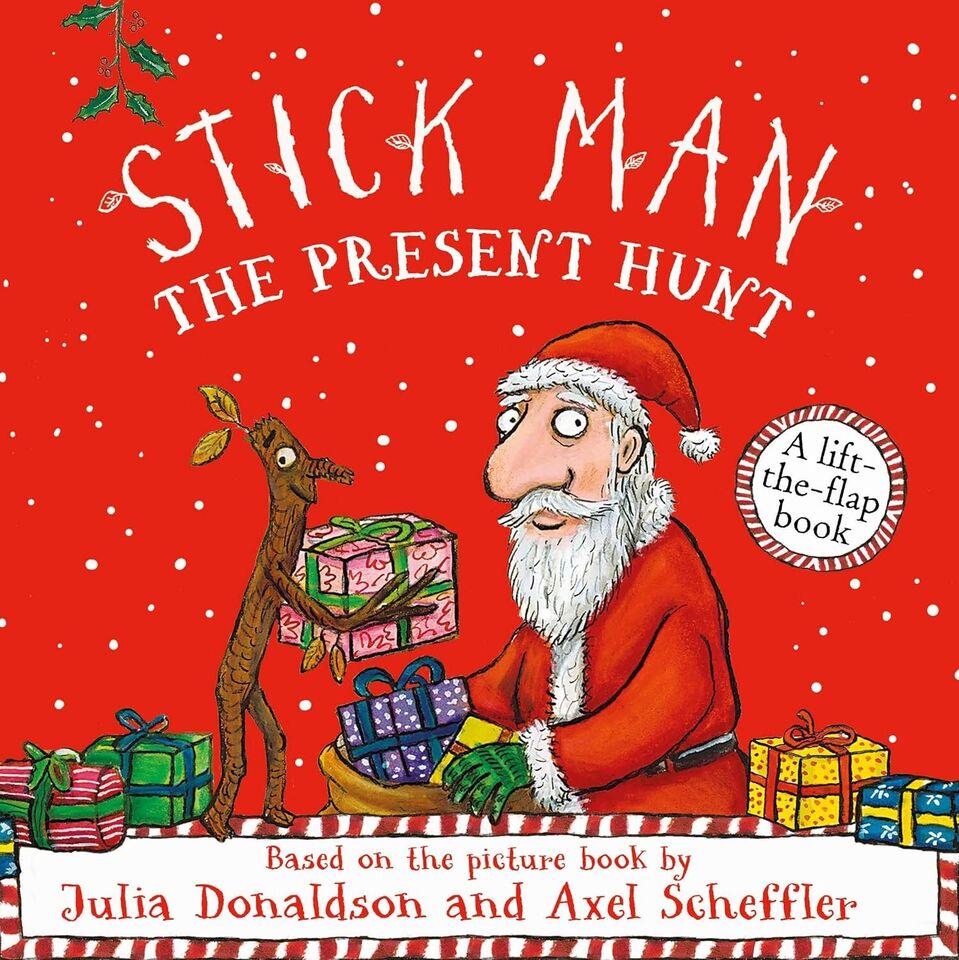 Inside lift-the-flap pages of Stick Man: The Present Hunt showing hidden Christmas presents