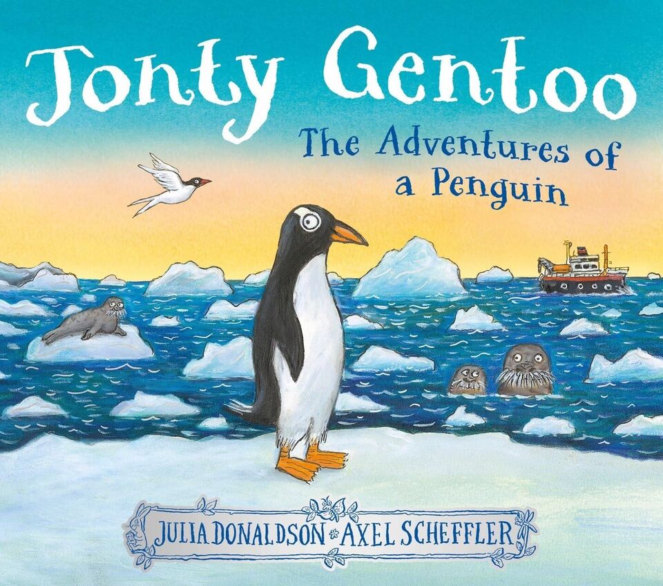 Julia Donaldson and Axel Scheffler 2 book gift set spread showing both Jonty Gentoo and Stick Man Present Hunt
