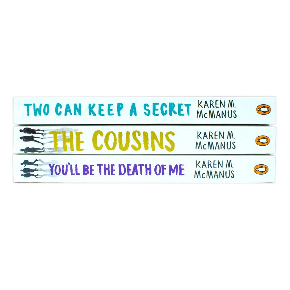 Close-up of The Cousins paperback cover by Karen M. McManus, part of 3 book YA thriller set