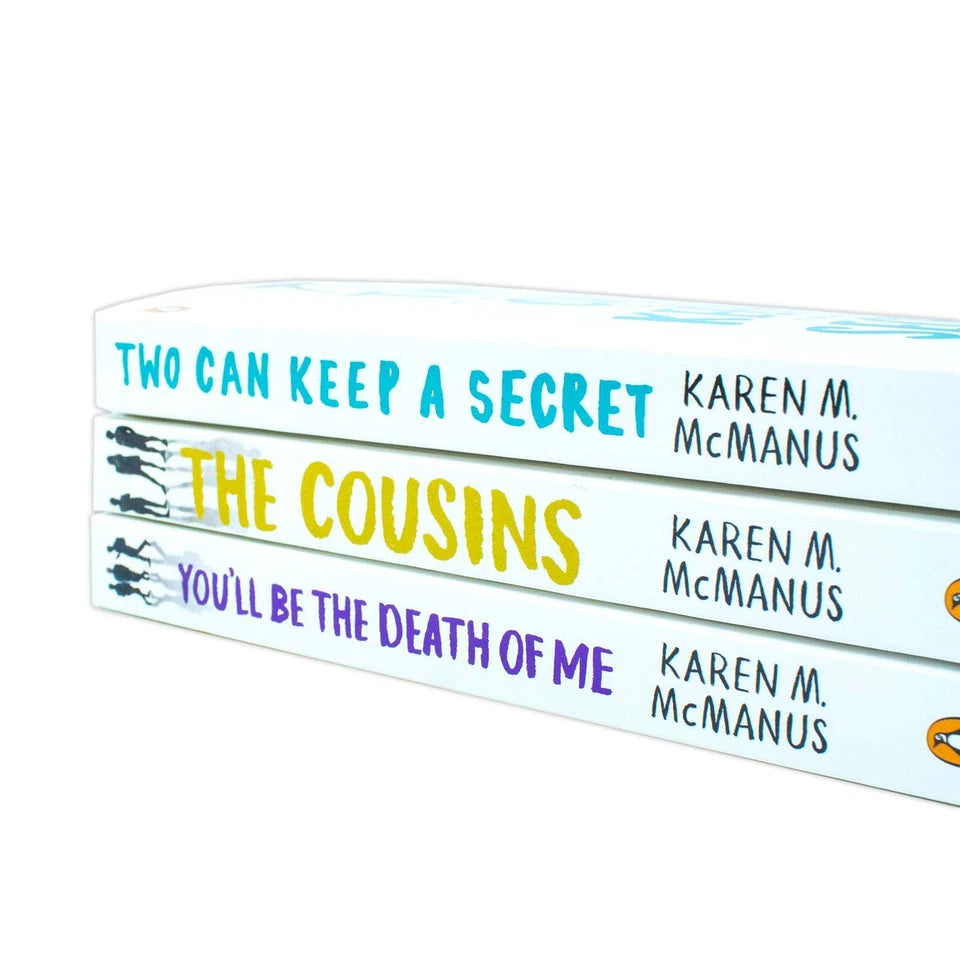 Karen M. McManus 3 book paperback set stacked showing spines - The Cousins, Two Can Keep a Secret, You'll Be the Death of Me
