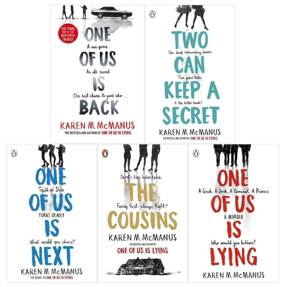 Karen M. McManus 5 Books Collection Set paperback boxset featuring One Of Us Is Lying, One Of Us Is Next, One Of Us Is Back, Two Can Keep a Secret and The Cousins