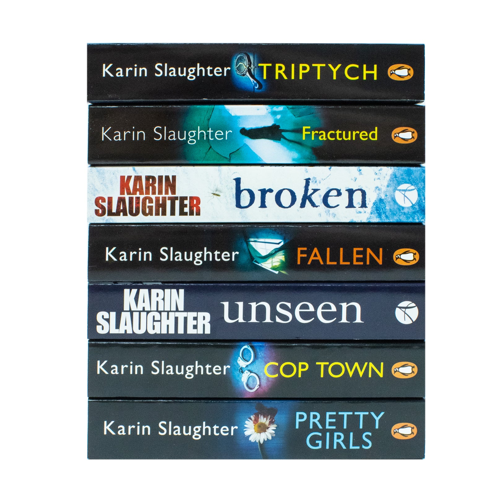 Close up of Karin Slaughter paperback book covers from the 7 book crime thriller collection