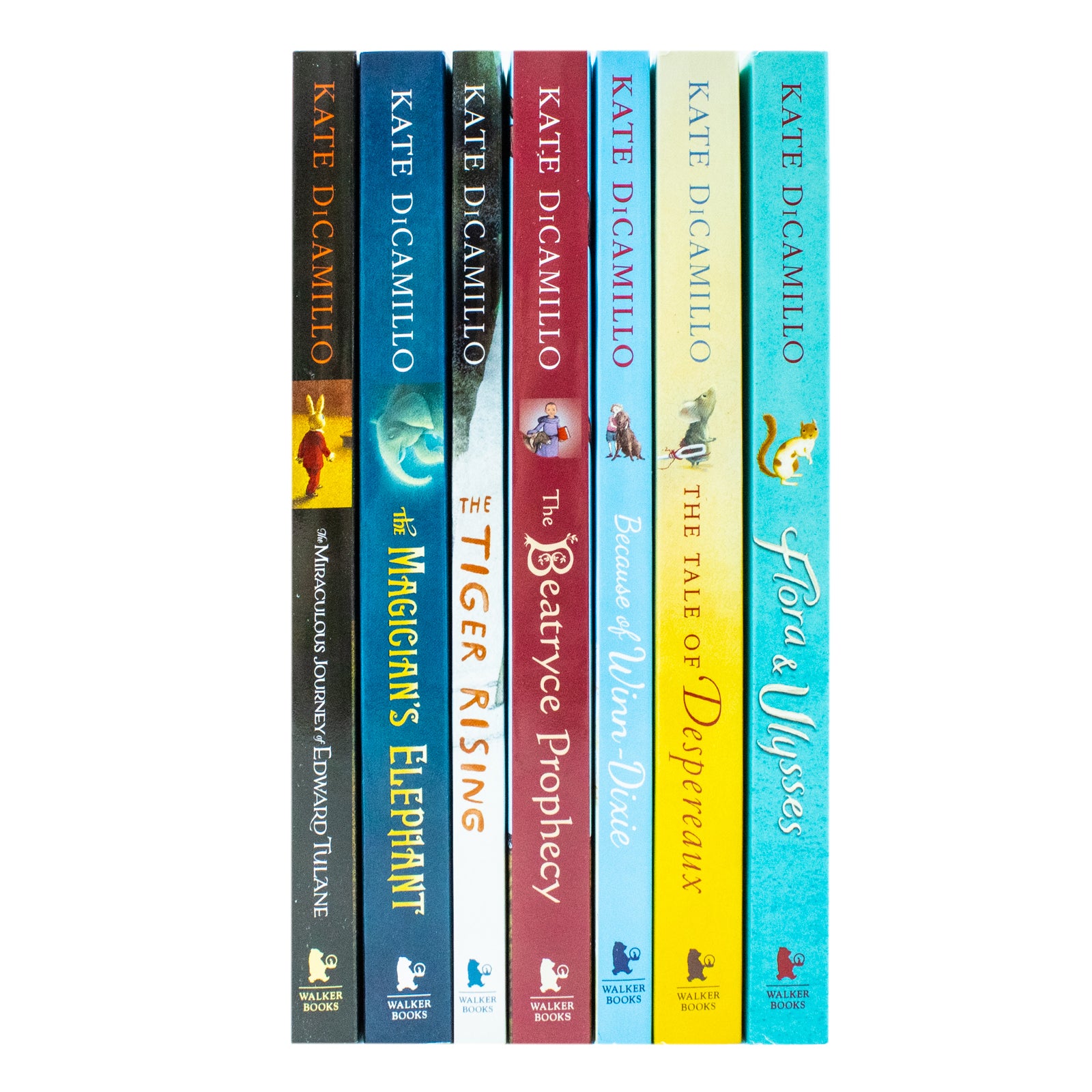 Kate DiCamillo 7 Books Collection Box Set paperback spines - Edward Tulane, Winn-Dixie, Despereaux, Flora & Ulysses