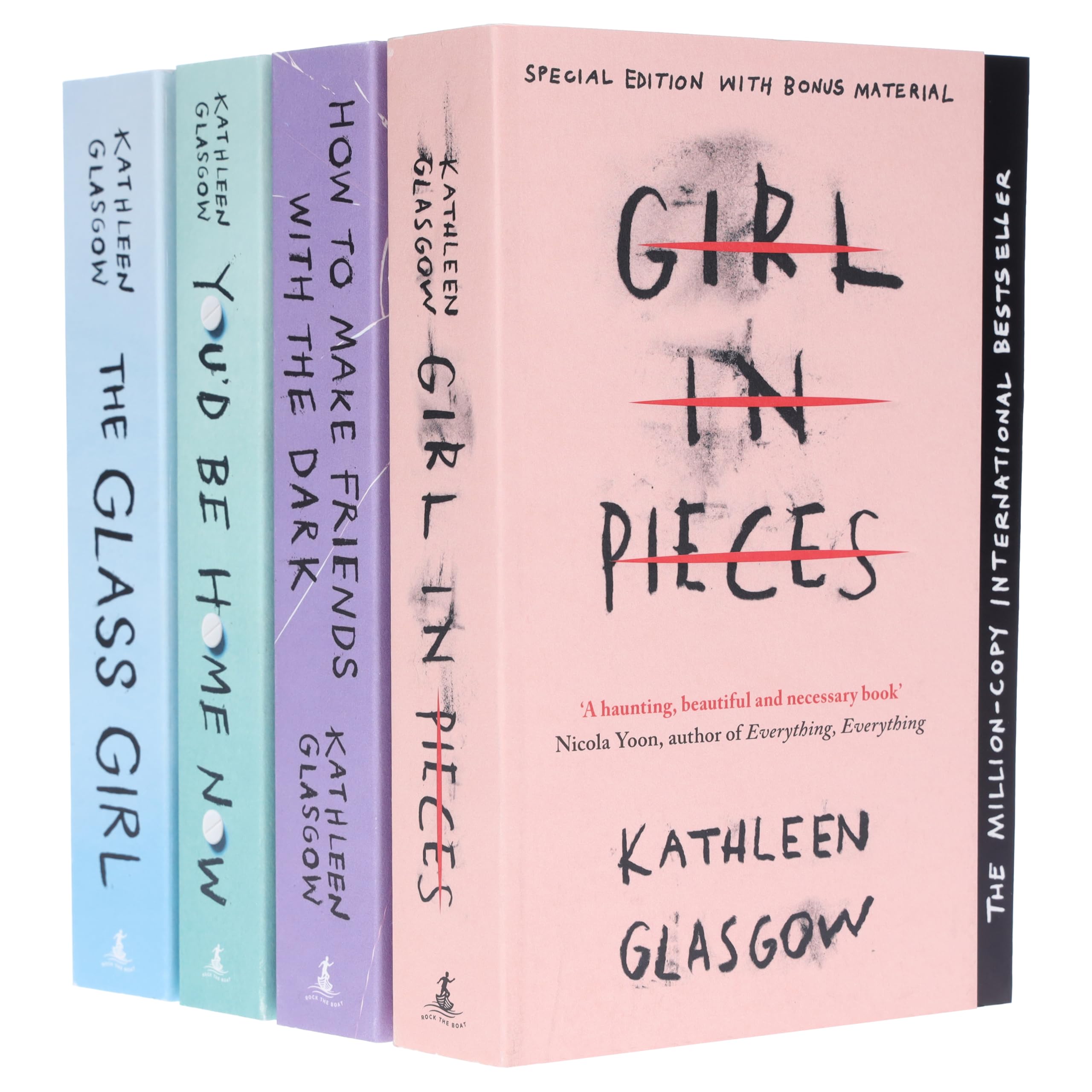 Kathleen Glasgow 4 Book Collection Set paperback cover featuring Girl in Pieces, How to Make Friends with the Dark, You'd Be Home Now and The Glass Girl - Young Adult ages 14+