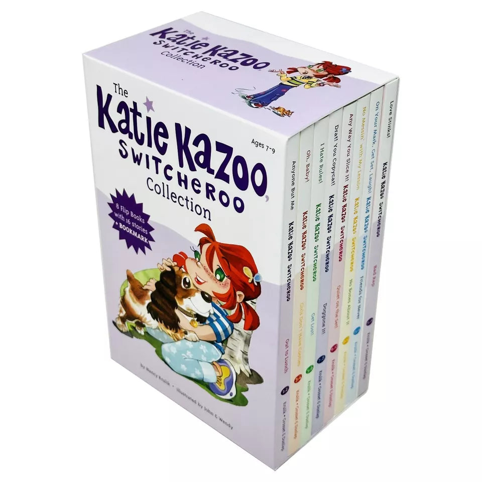Katie Kazoo Switcheroo box set showing 8 flip books with 16 stories, Nancy Krulik paperback collection