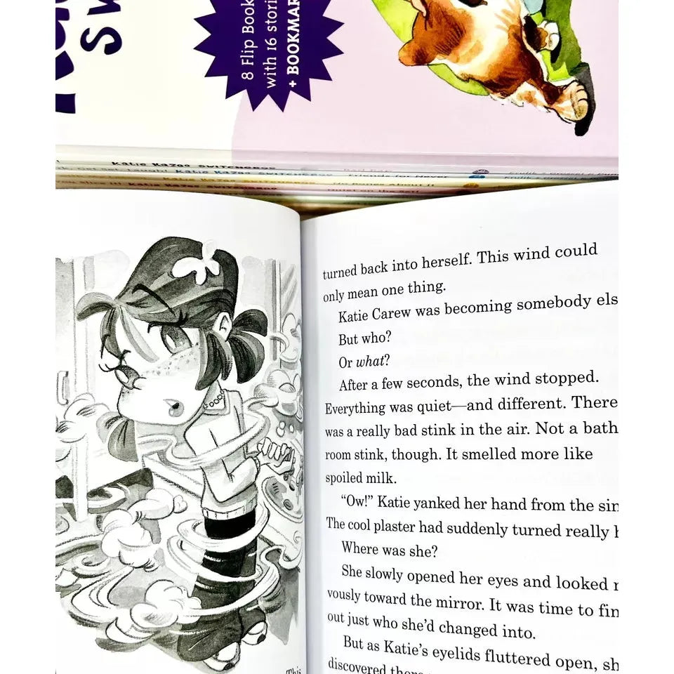 Close-up of Katie Kazoo Switcheroo flip book covers, Nancy Krulik chapter book series for kids