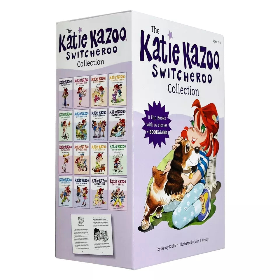 Katie Kazoo Switcheroo boxed collection back cover with 16 story titles, Nancy Krulik paperback set