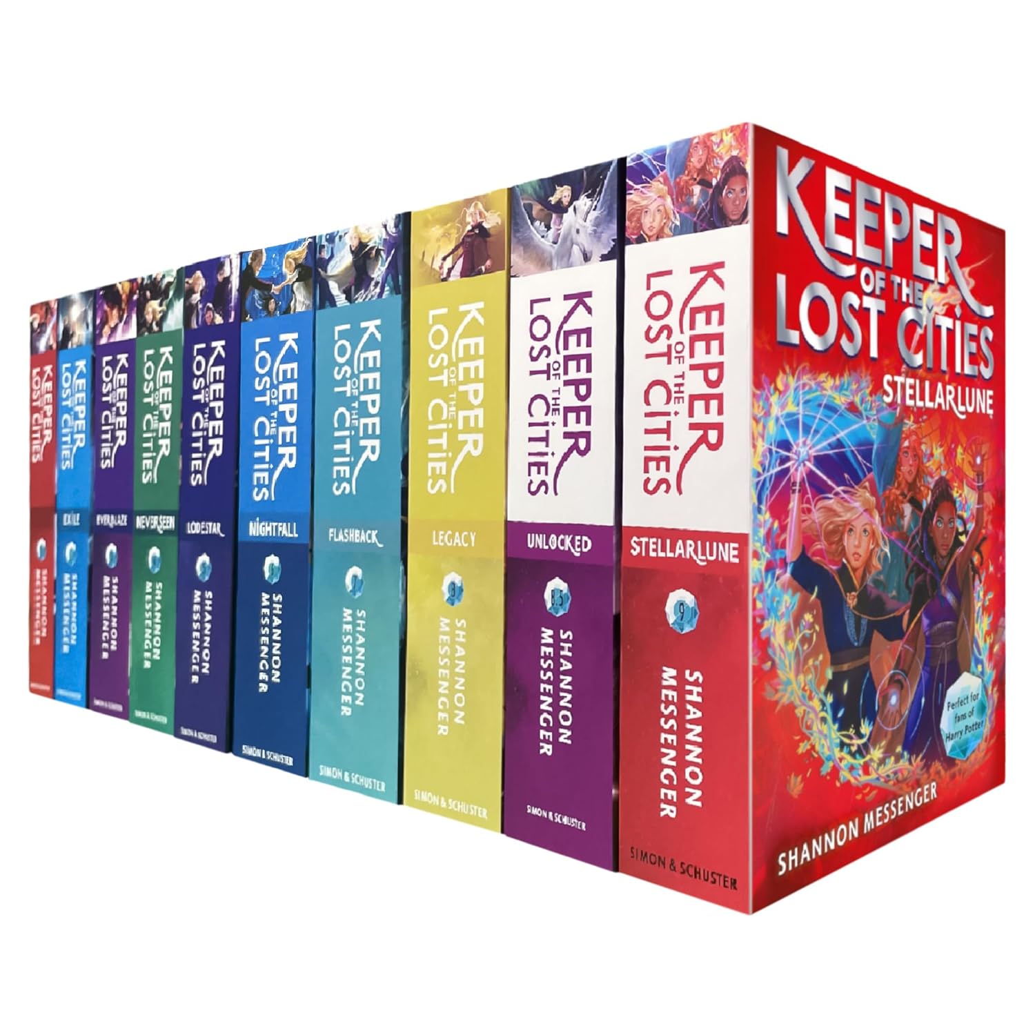 Keeper of the Lost Cities paperback box set spines showing all 10 titles by Shannon Messenger