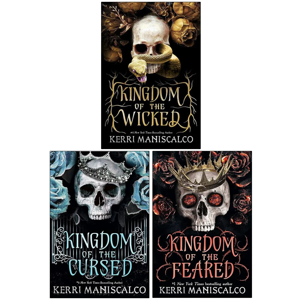 Kingdom of the Wicked, Kingdom of the Cursed and Kingdom of the Feared paperback covers by Kerri Maniscalco