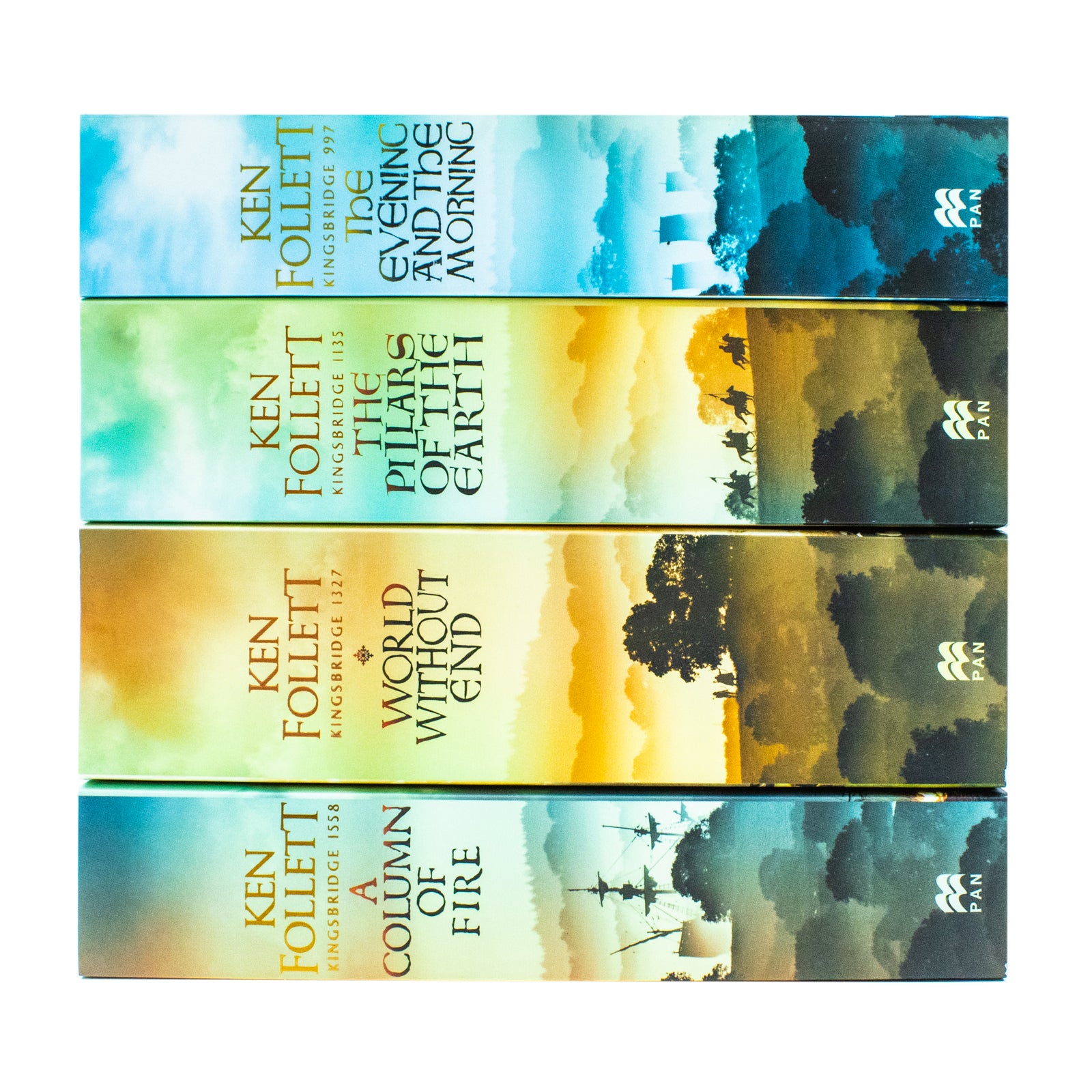 Close up of Ken Follett's Kingsbridge Novels 4 Books Collection Set paperback covers, historical fiction saga