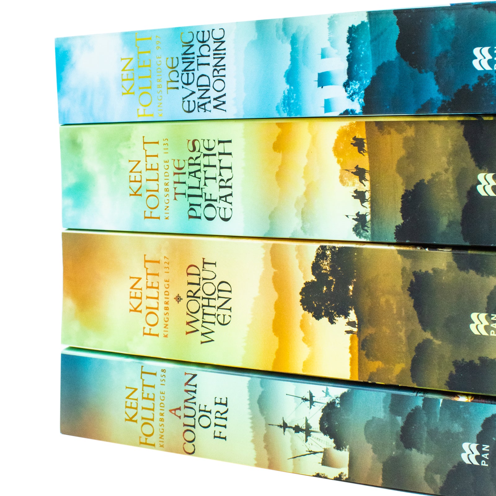 The Pillars of the Earth, World Without End, A Column of Fire and The Evening and the Morning paperback books by Ken Follett