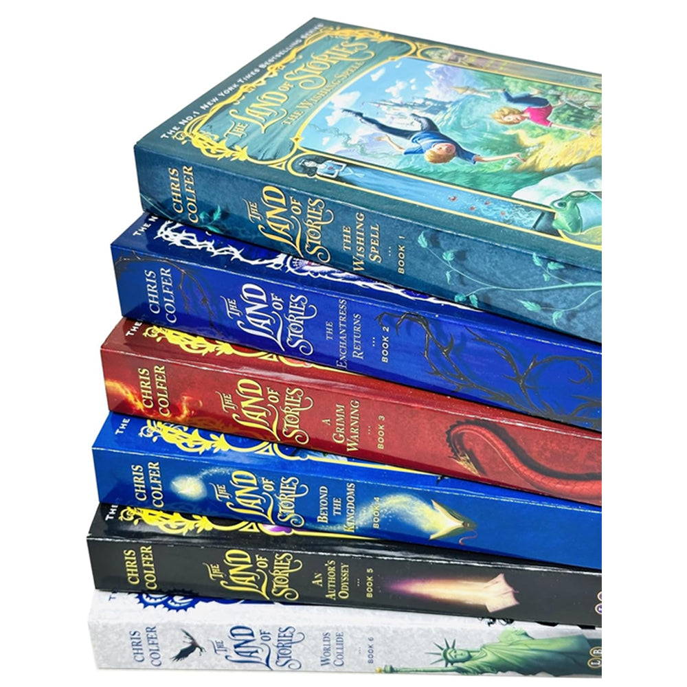 Close-up of The Land of Stories 6 book paperback collection covers by Chris Colfer