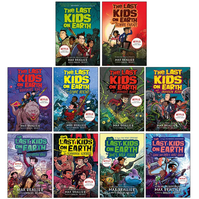 Last Kids on Earth series paperback set by Max Brallier showing Midnight Blade, Skeleton Road and Doomsday Race book covers