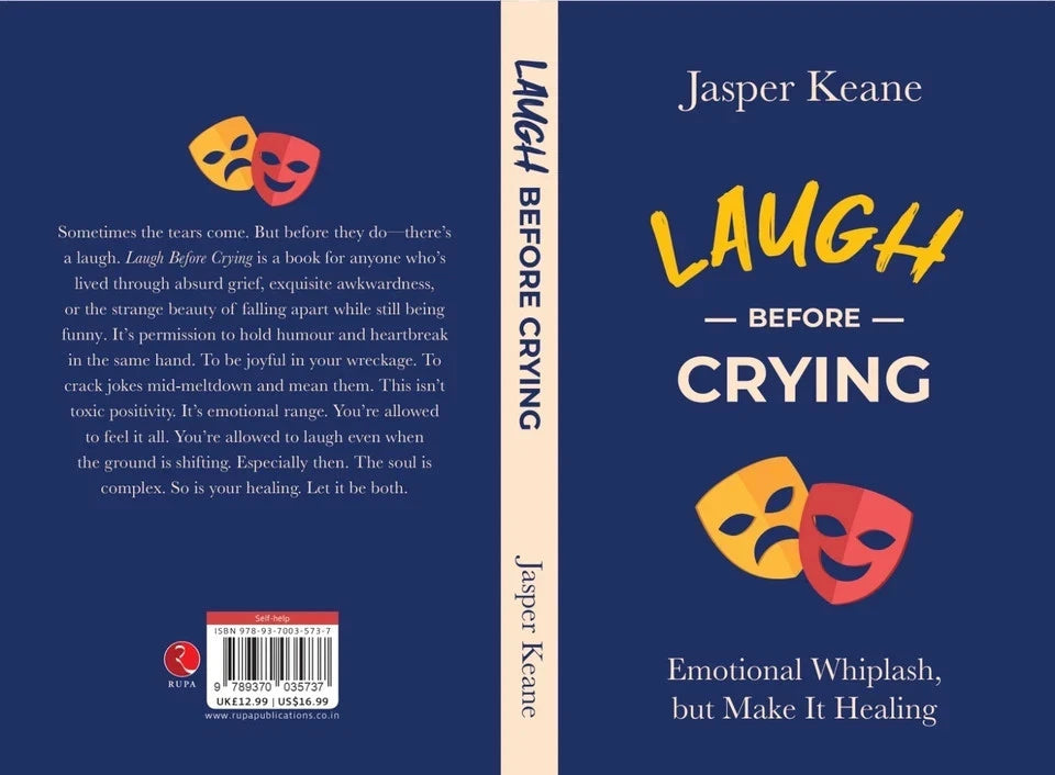 Laugh Before Crying by Jasper Keane paperback back cover with blurb, ISBN 9789370035737
