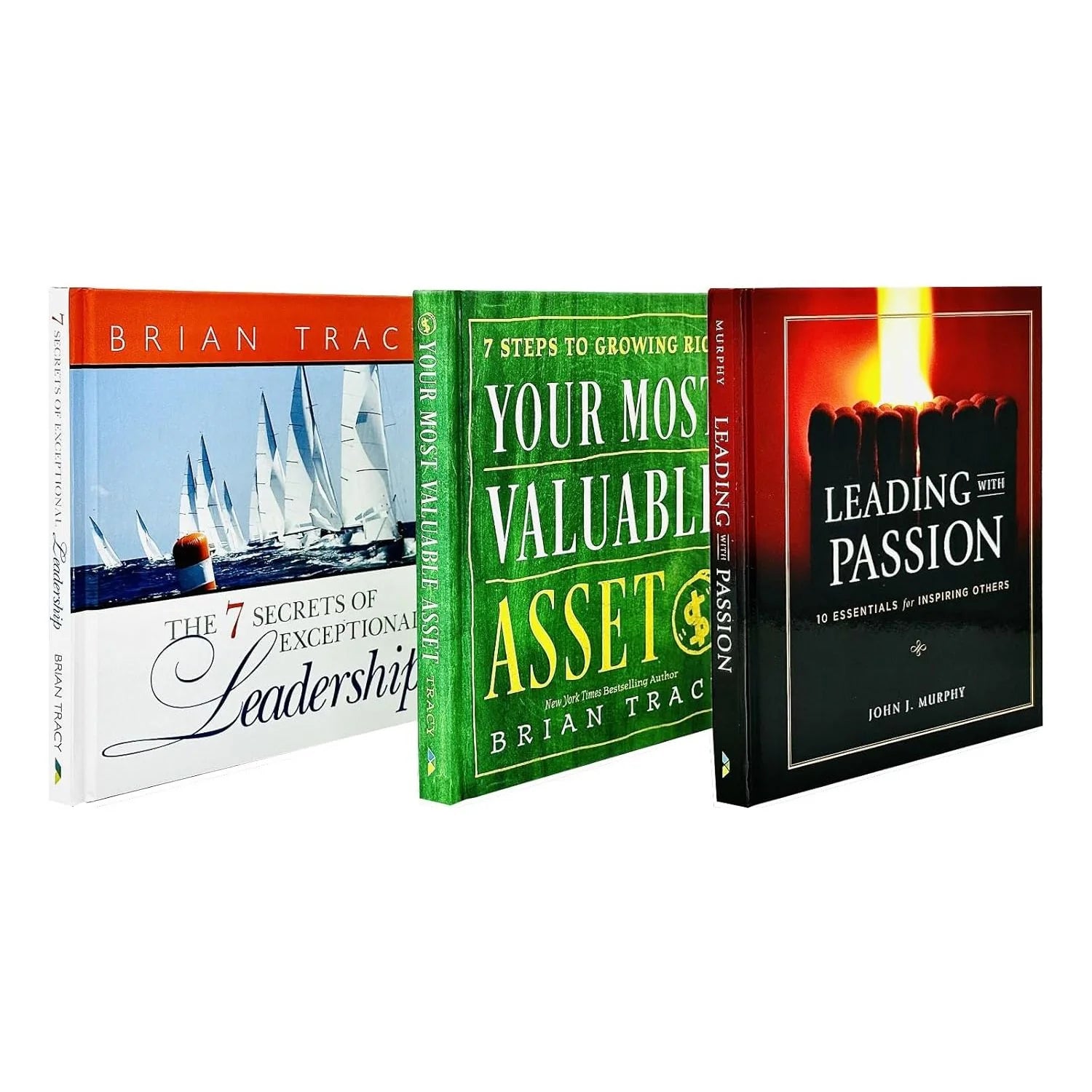 Stacked hardback books from the Leading With Passion & 7 Secrets Leadership 3 book collection set