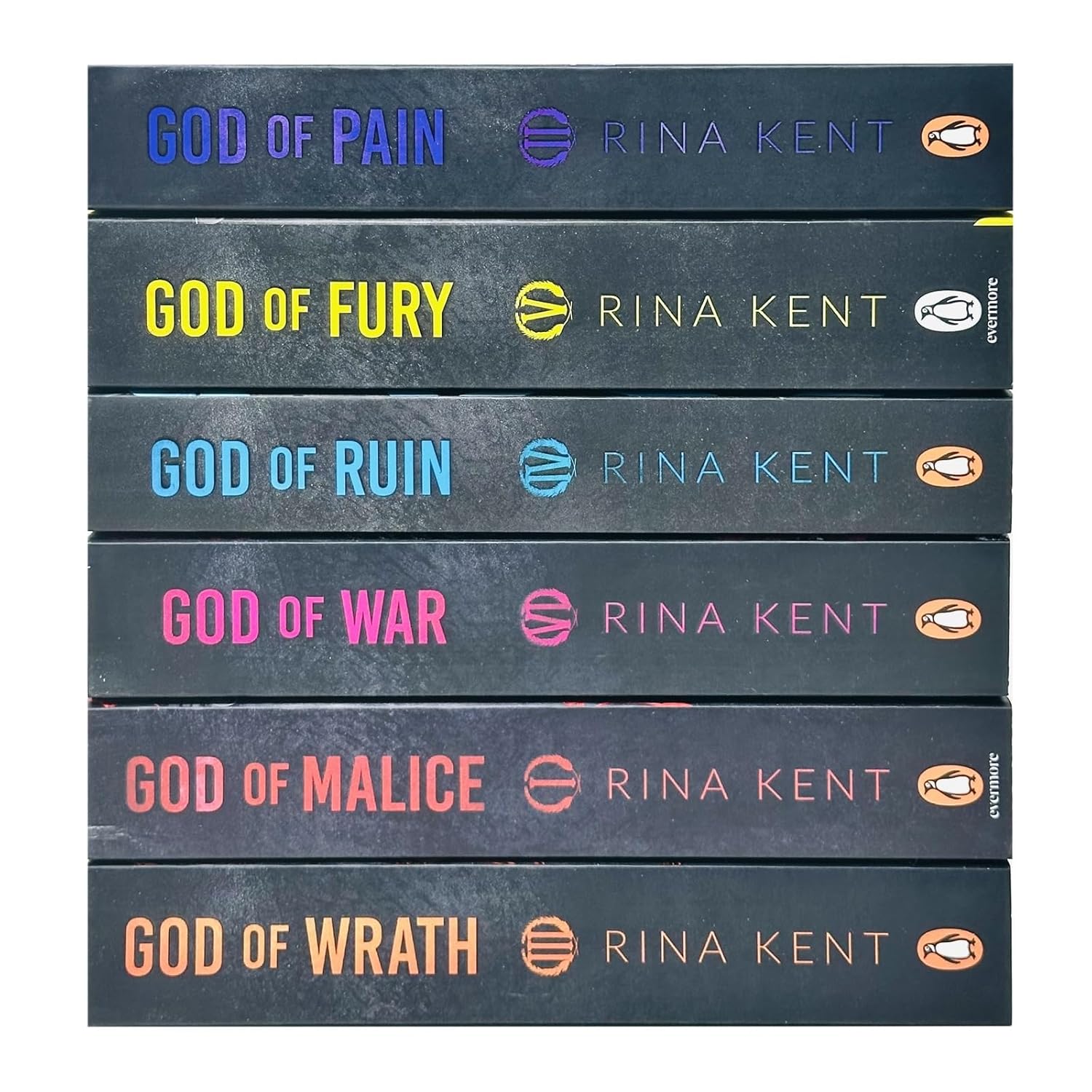 Paperback spines of the Legacy of Gods 6 Book Collection by Rina Kent, dark mafia romance series set