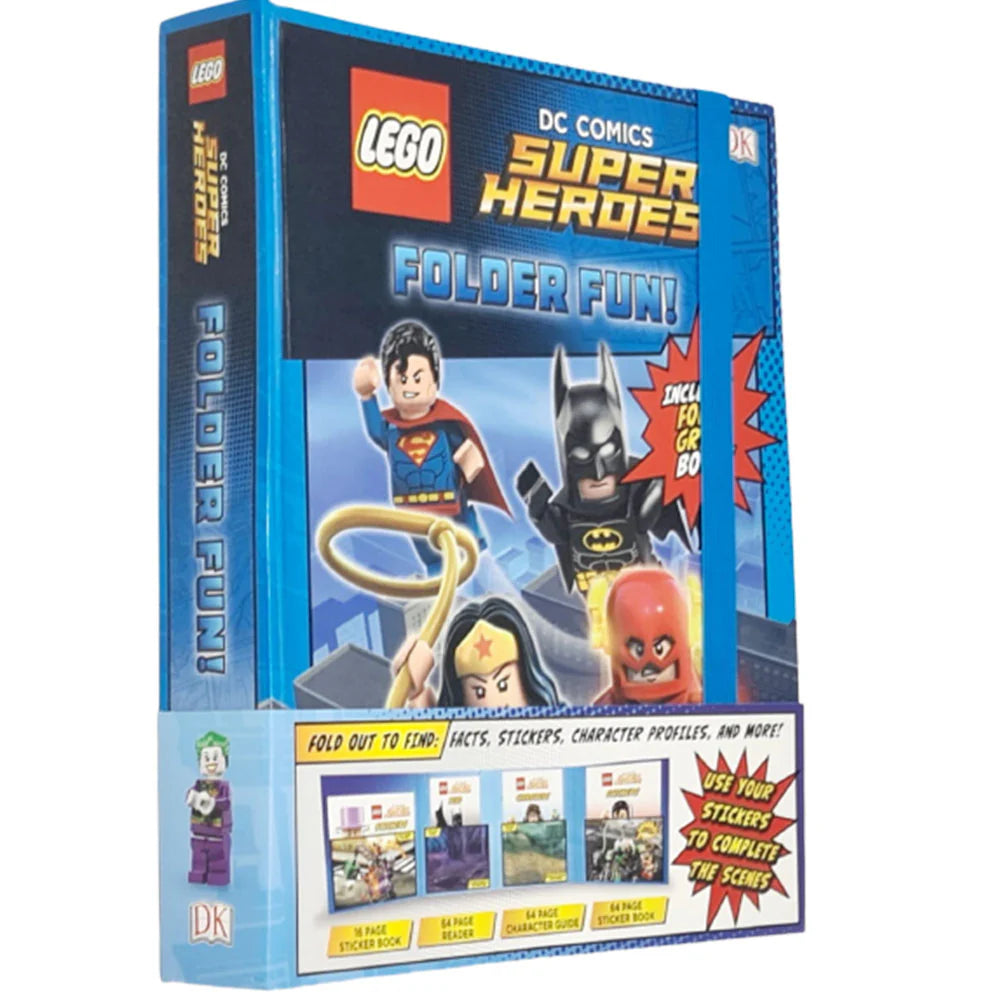 LEGO DC Comics Super Heroes Folder Fun by DK - 4 book paperback set with character guide, reader and stickers - Ages 7-9