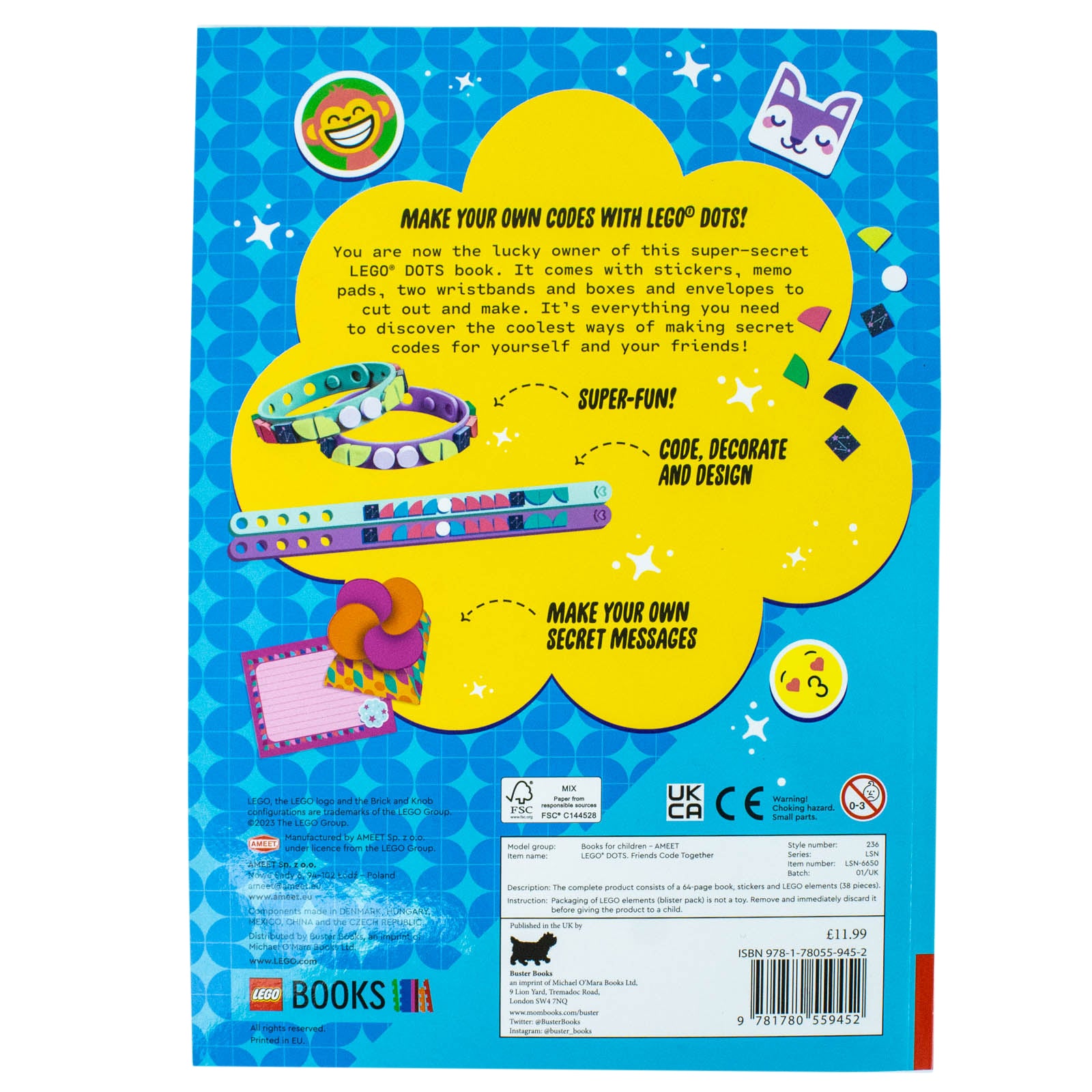 Inside pages of LEGO® DOTS®: Friends Code Together activity book showing coding puzzles and LEGO tiles