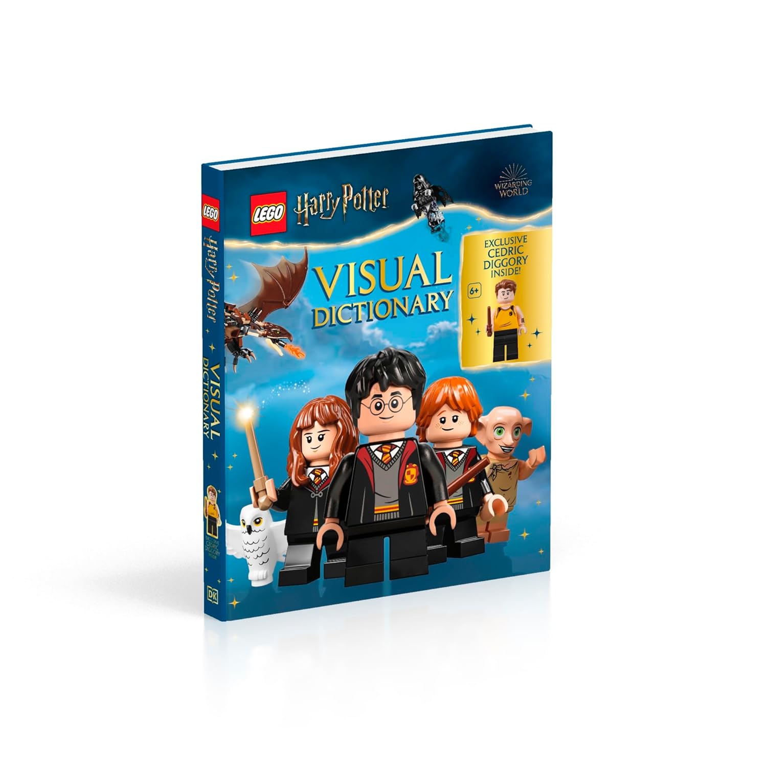 Inside pages of LEGO Harry Potter Visual Dictionary showing minifigures and set photography