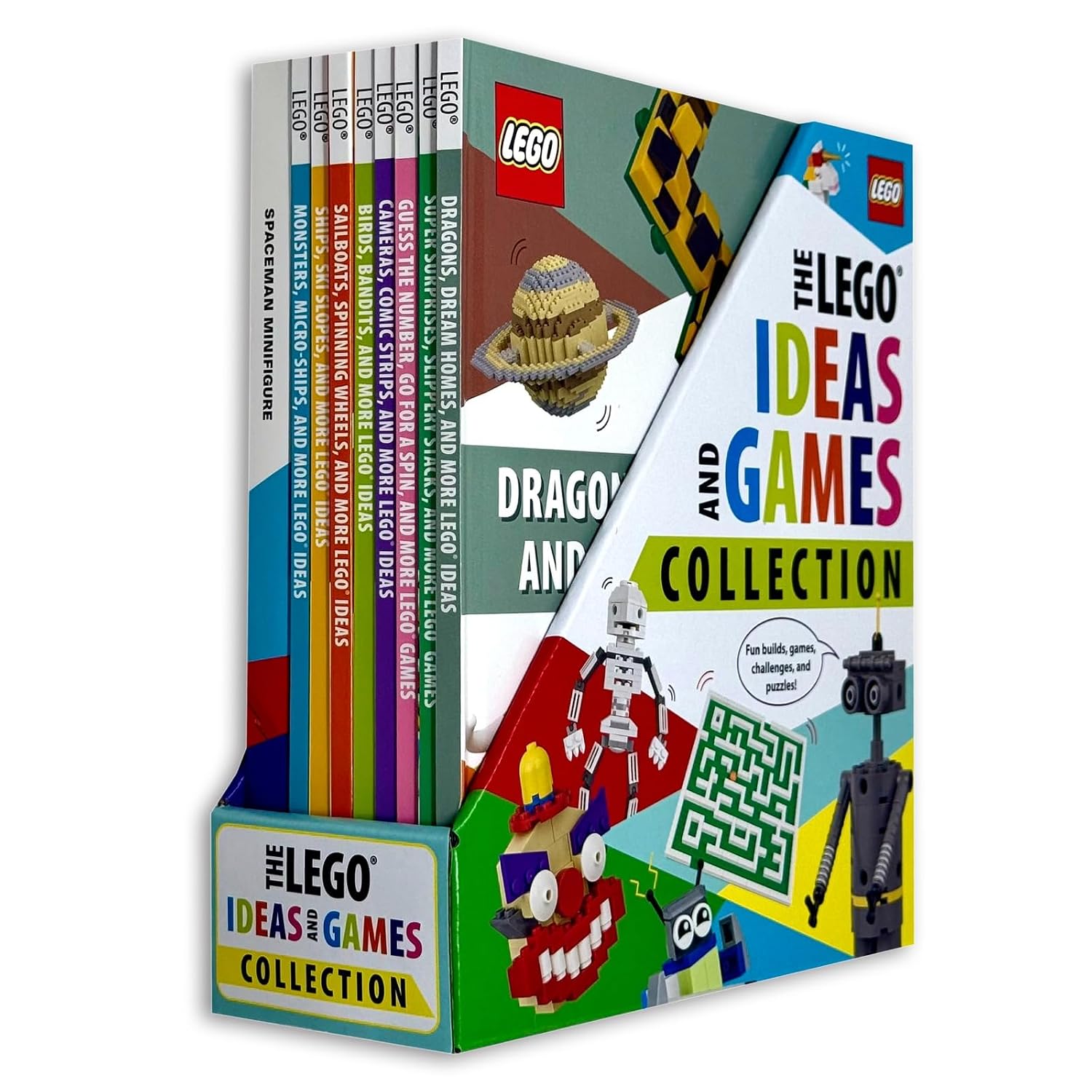 Inside pages of LEGO Ideas and Games Collection paperback booklets with colourful photography